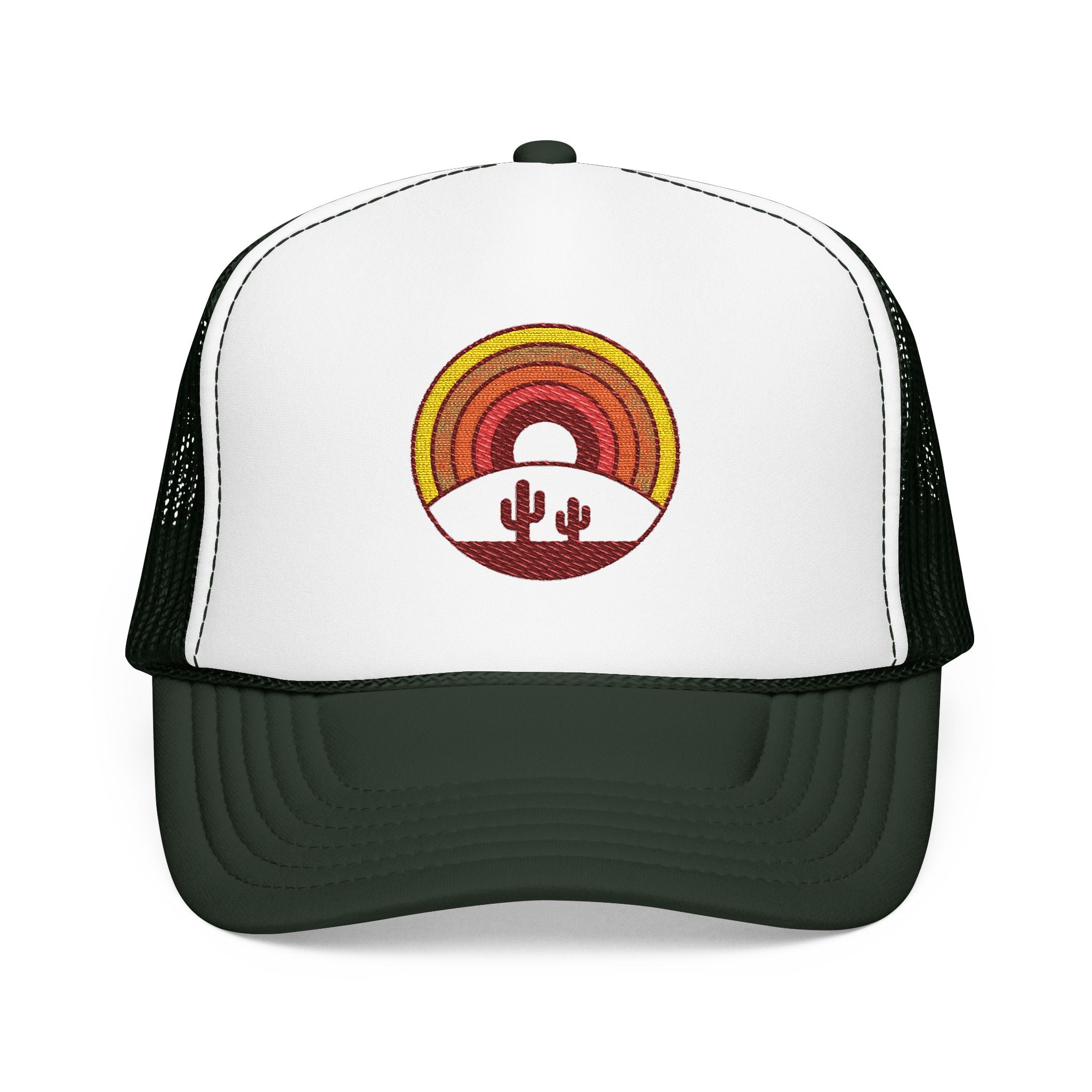 Sunset Cactus Trucker Hat — Retro Desert Embroidered Foam Cap