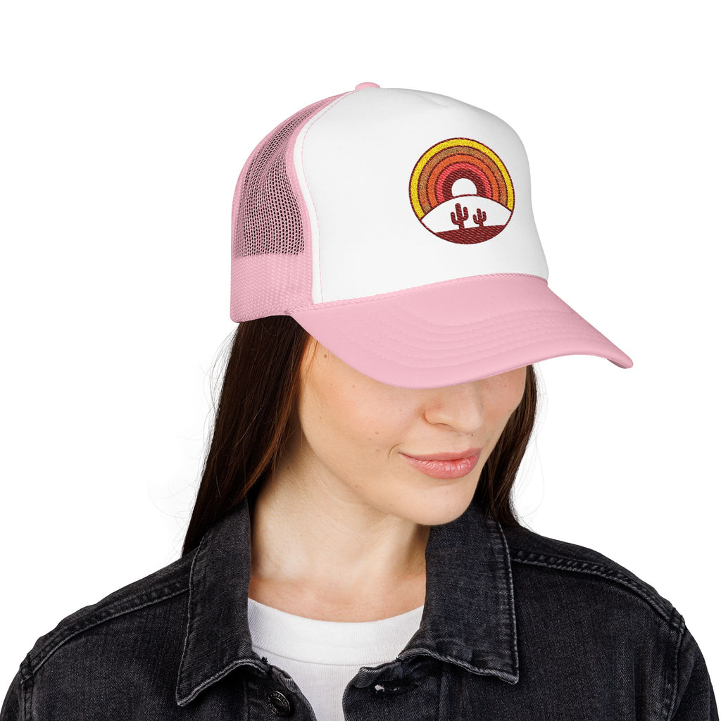 Sunset Cactus Trucker Hat — Retro Desert Embroidered Foam Cap