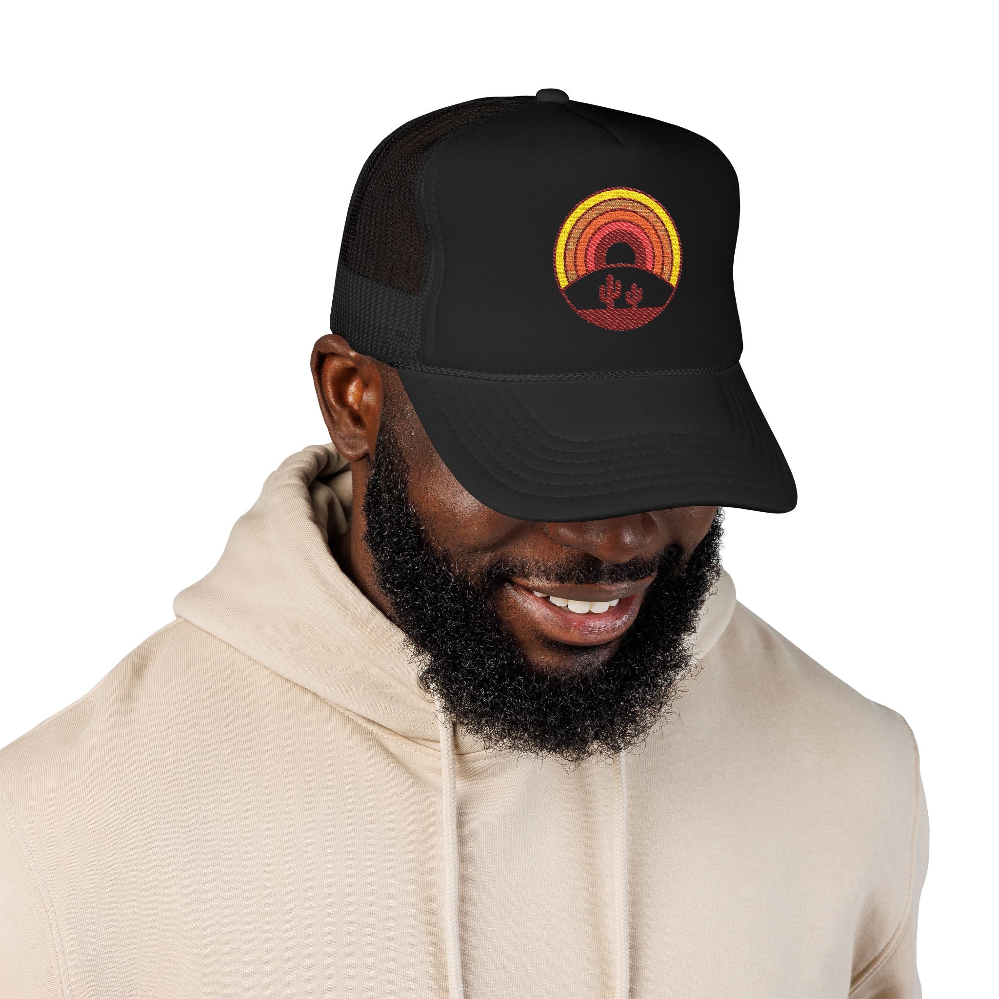 Sunset Cactus Trucker Hat — Retro Desert Embroidered Foam Cap