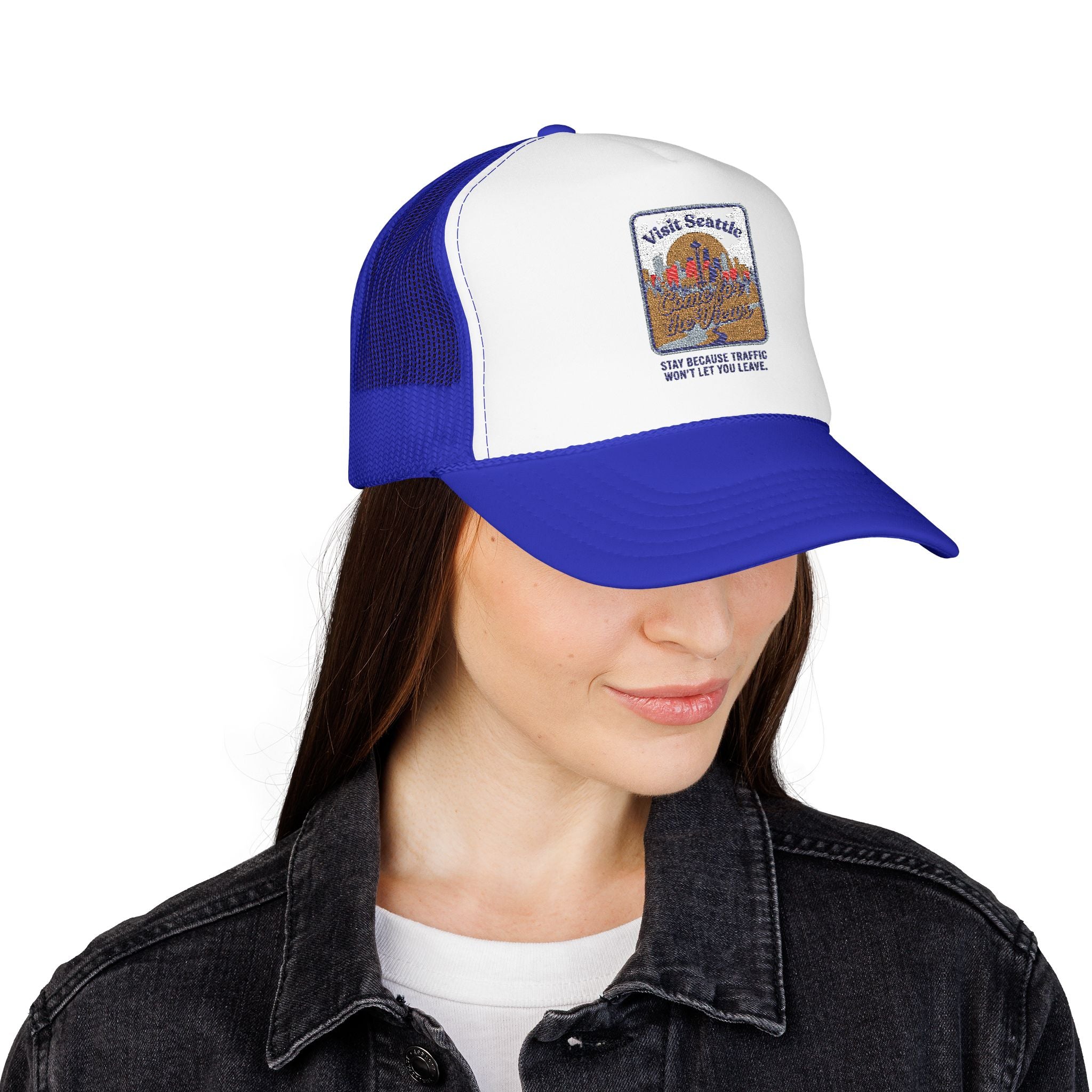Vintage Desert Sunrise Trucker Hat — "Stay Somewhere" Embroidered Foam Cap