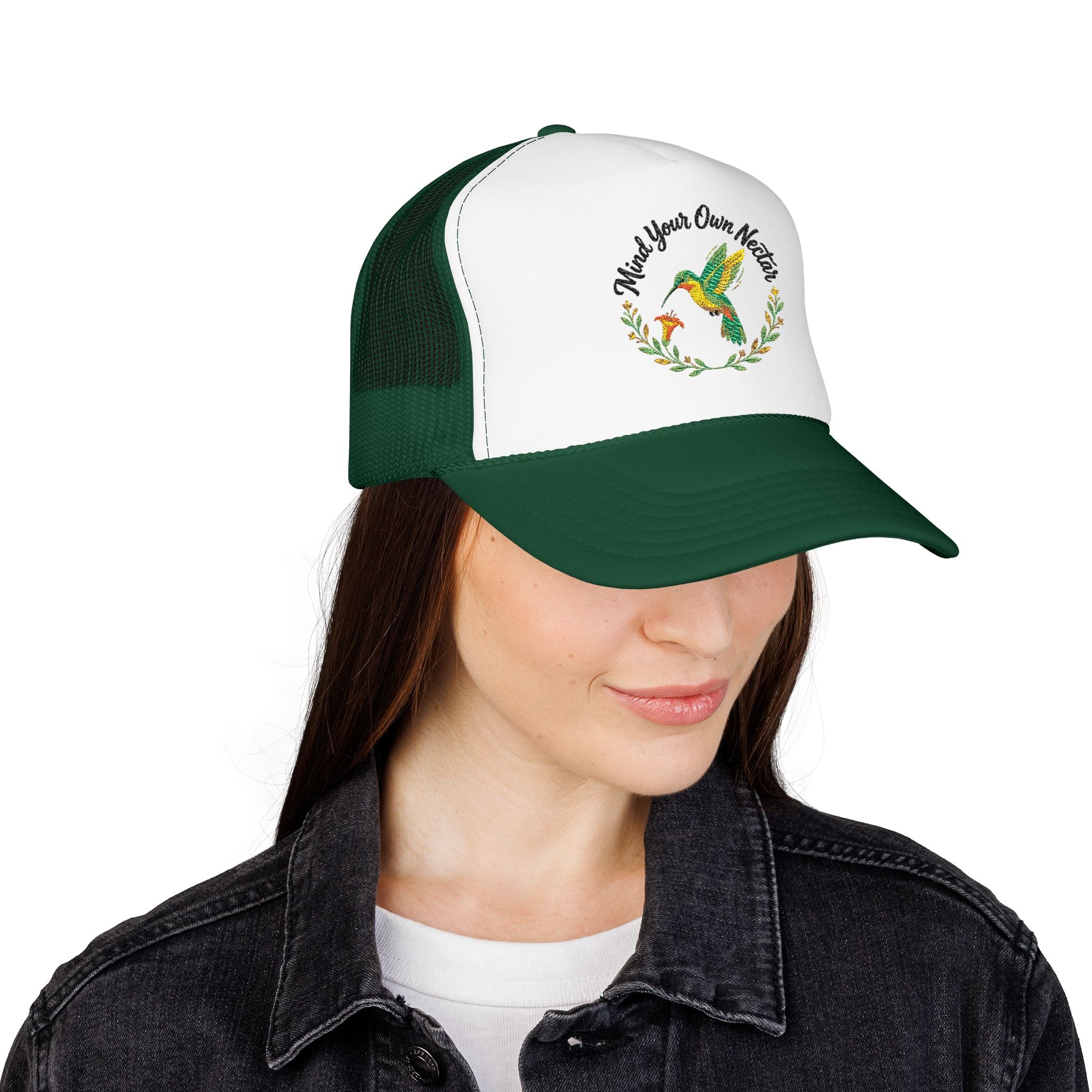 Mind Your Own Nector Trucker Hat — Hummingbird Floral Mesh Cap