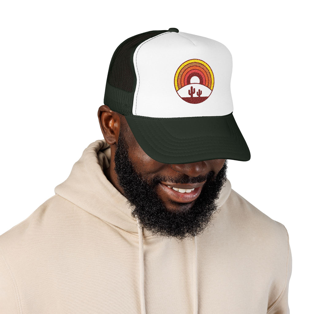 Sunset Cactus Trucker Hat — Retro Desert Embroidered Foam Cap