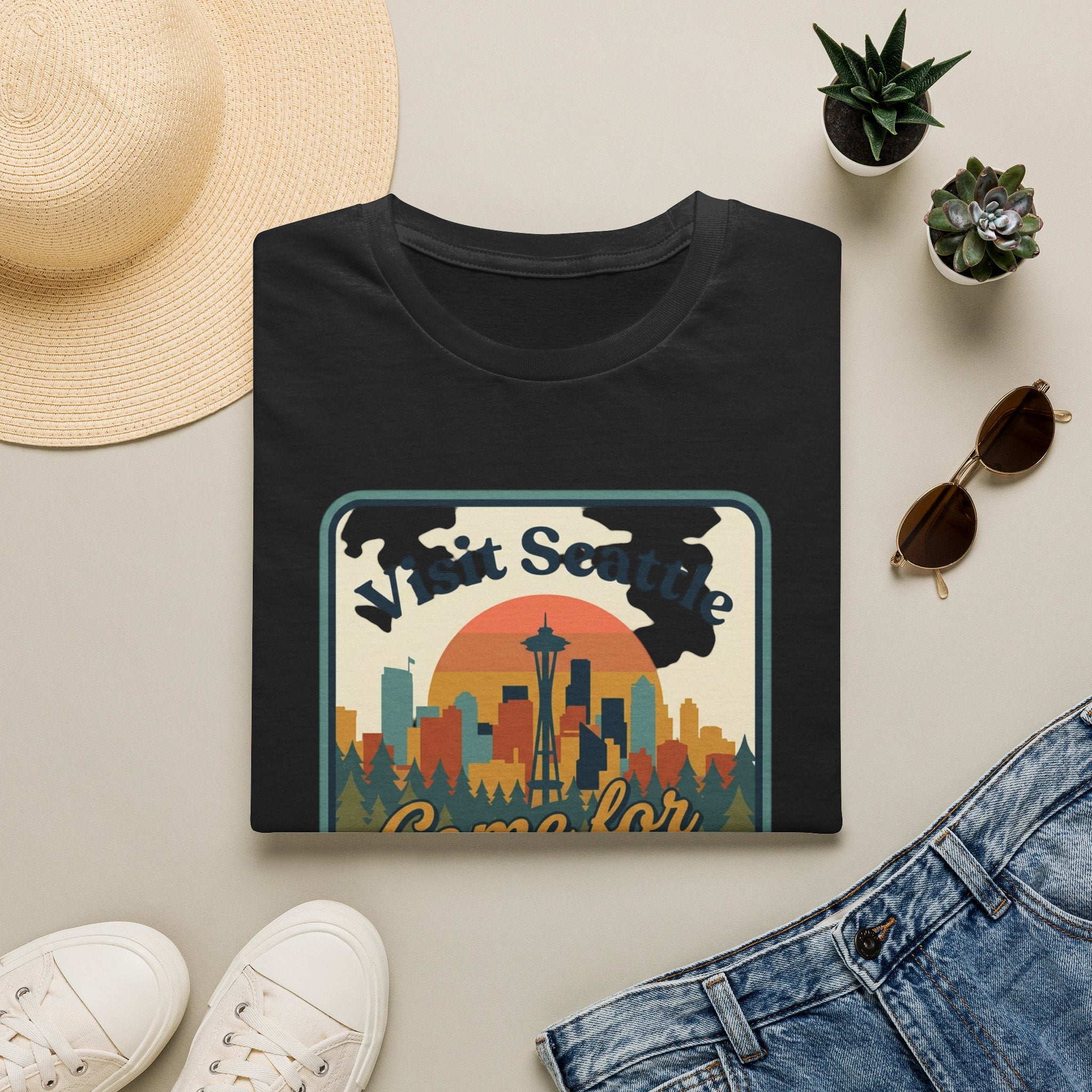 Visit Seattle T-Shirt - "Come for the Views" Retro Skyline Tee