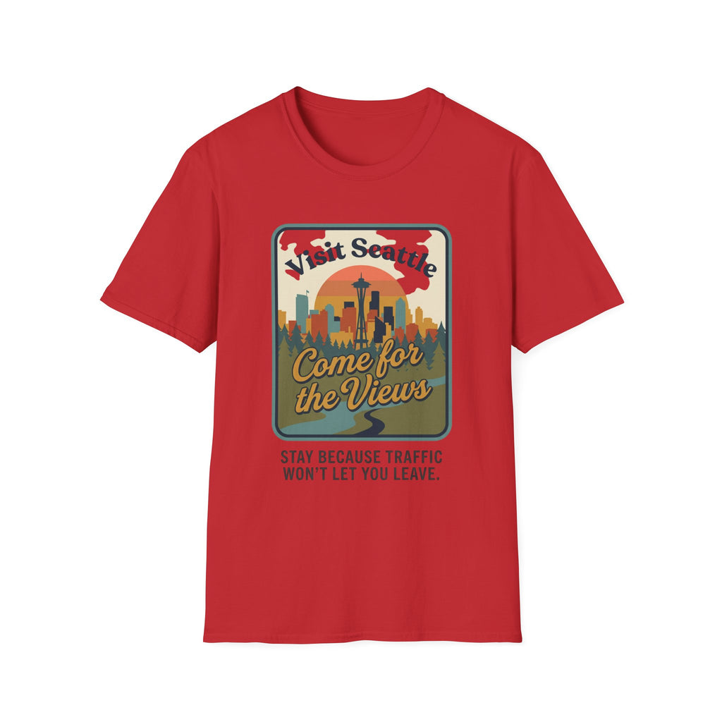 Visit Seattle T-Shirt - "Come for the Views" Retro Skyline Tee