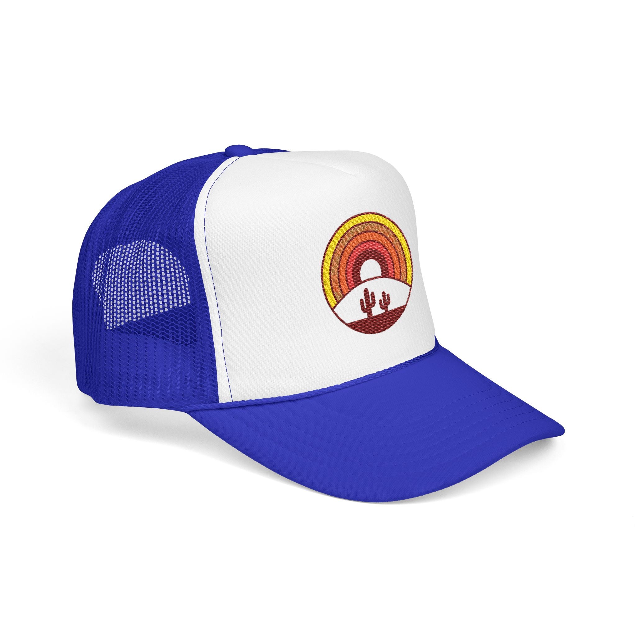 Sunset Cactus Trucker Hat — Retro Desert Embroidered Foam Cap