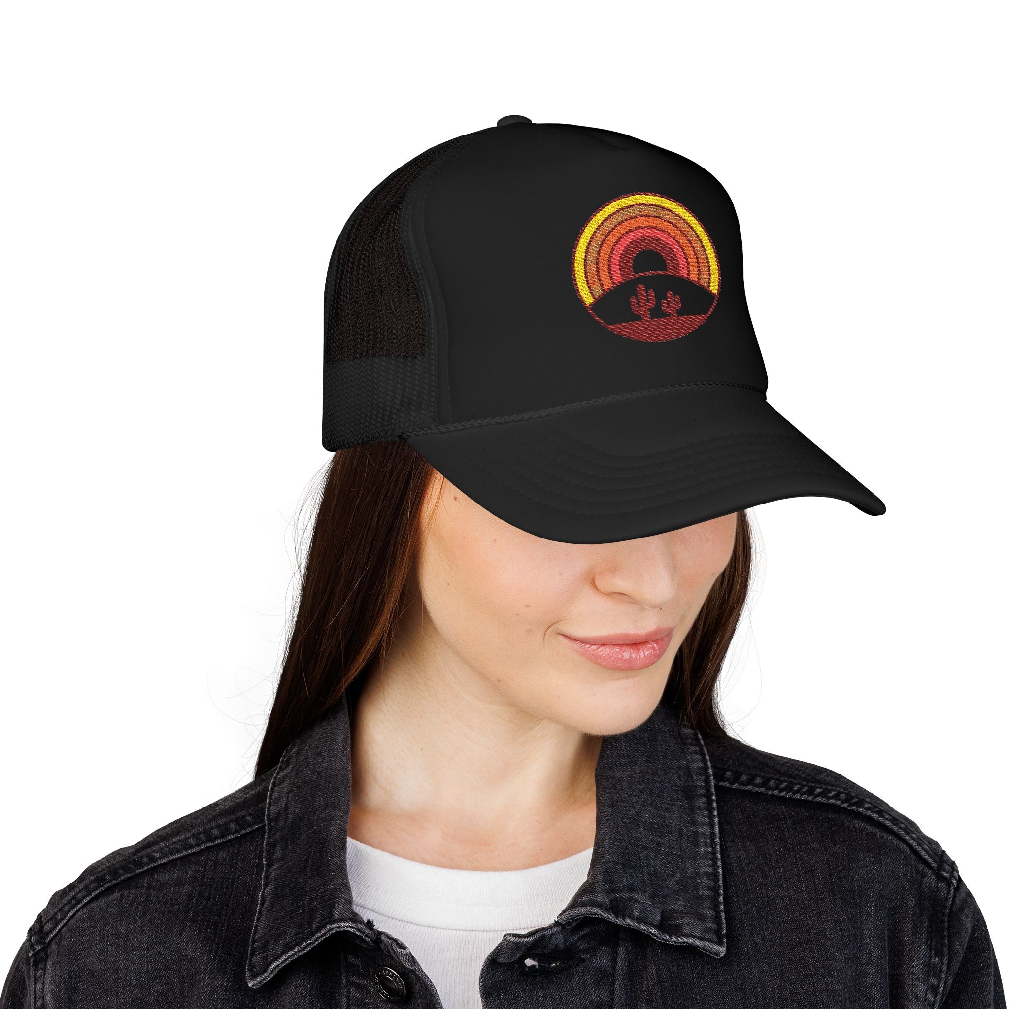 Sunset Cactus Trucker Hat — Retro Desert Embroidered Foam Cap