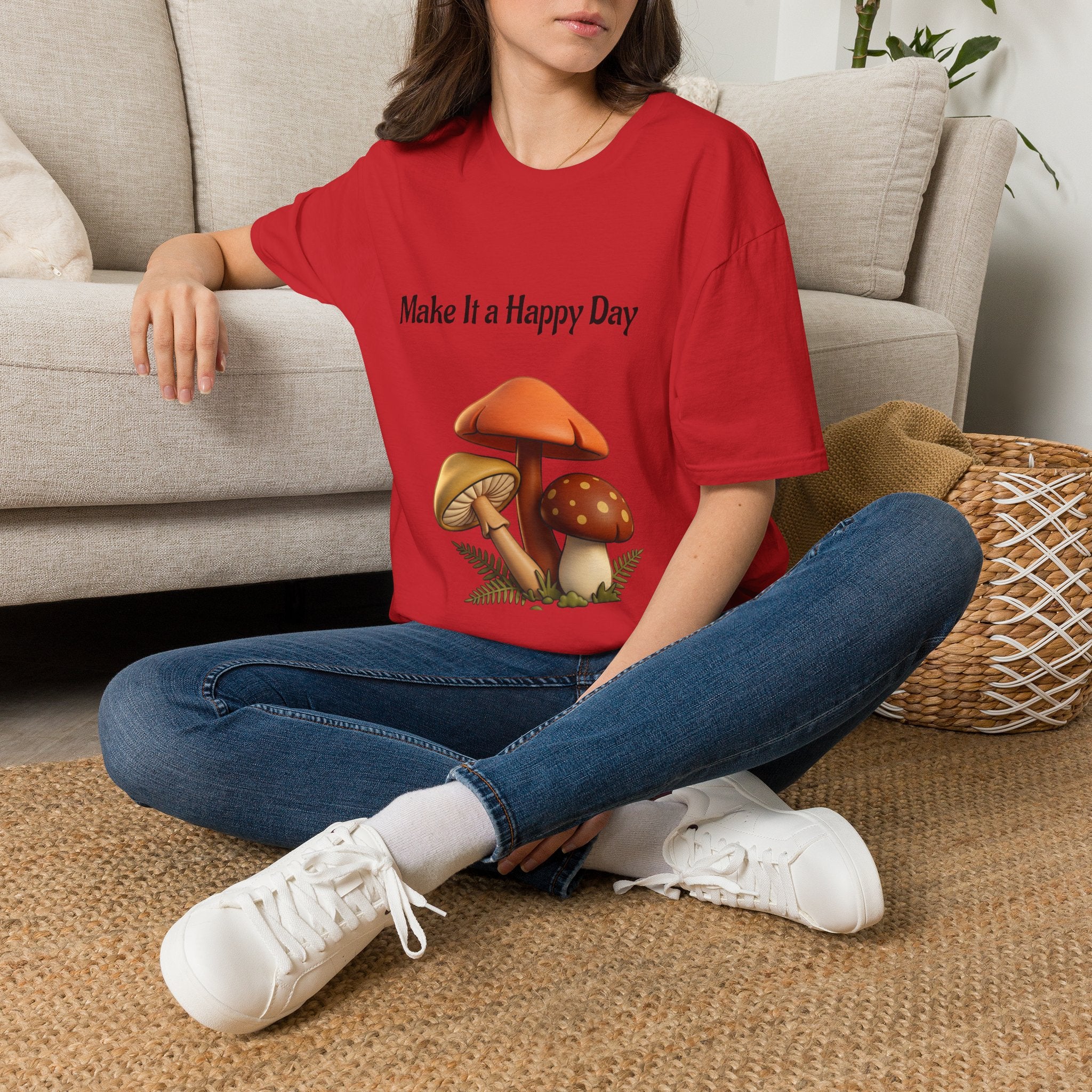 Mushroom Graphic Tee - "Make It a Happy Day" Positive Quote T-Shirt