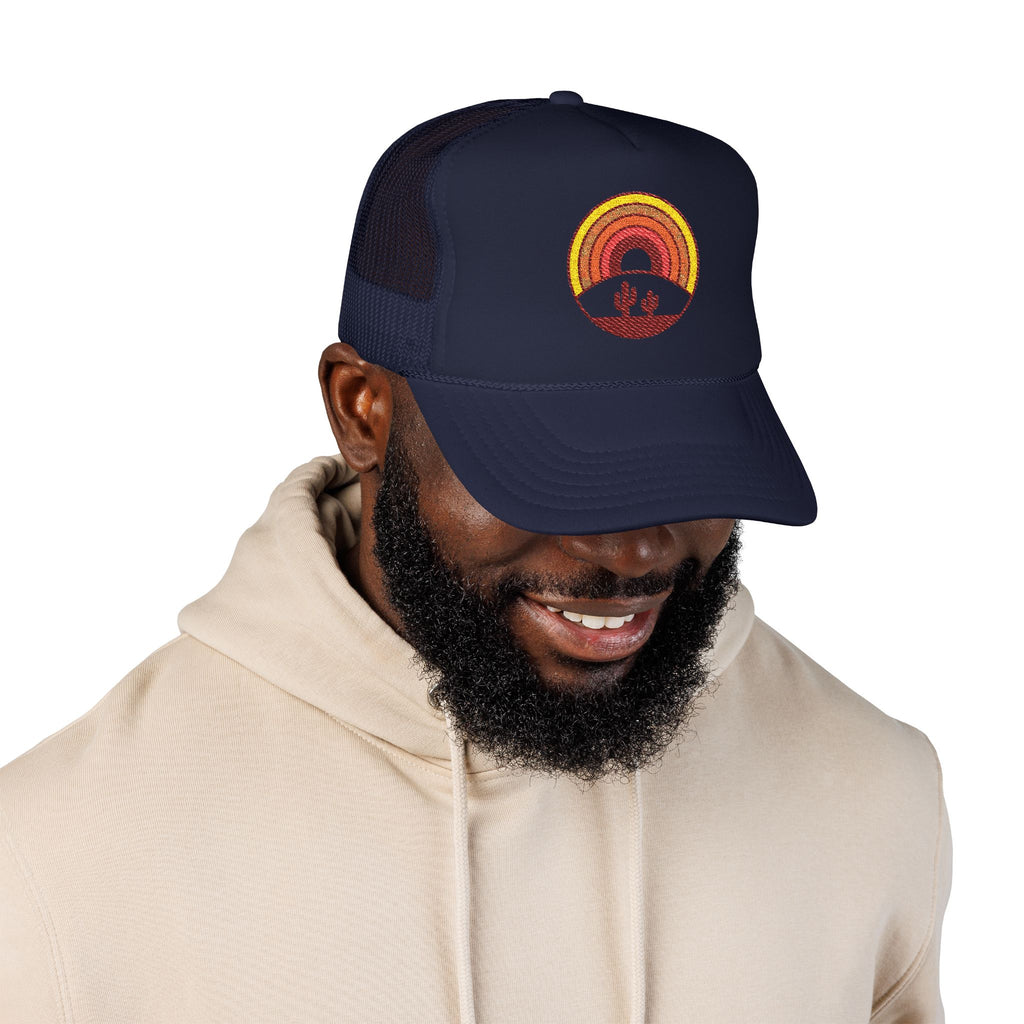 Sunset Cactus Trucker Hat — Retro Desert Embroidered Foam Cap