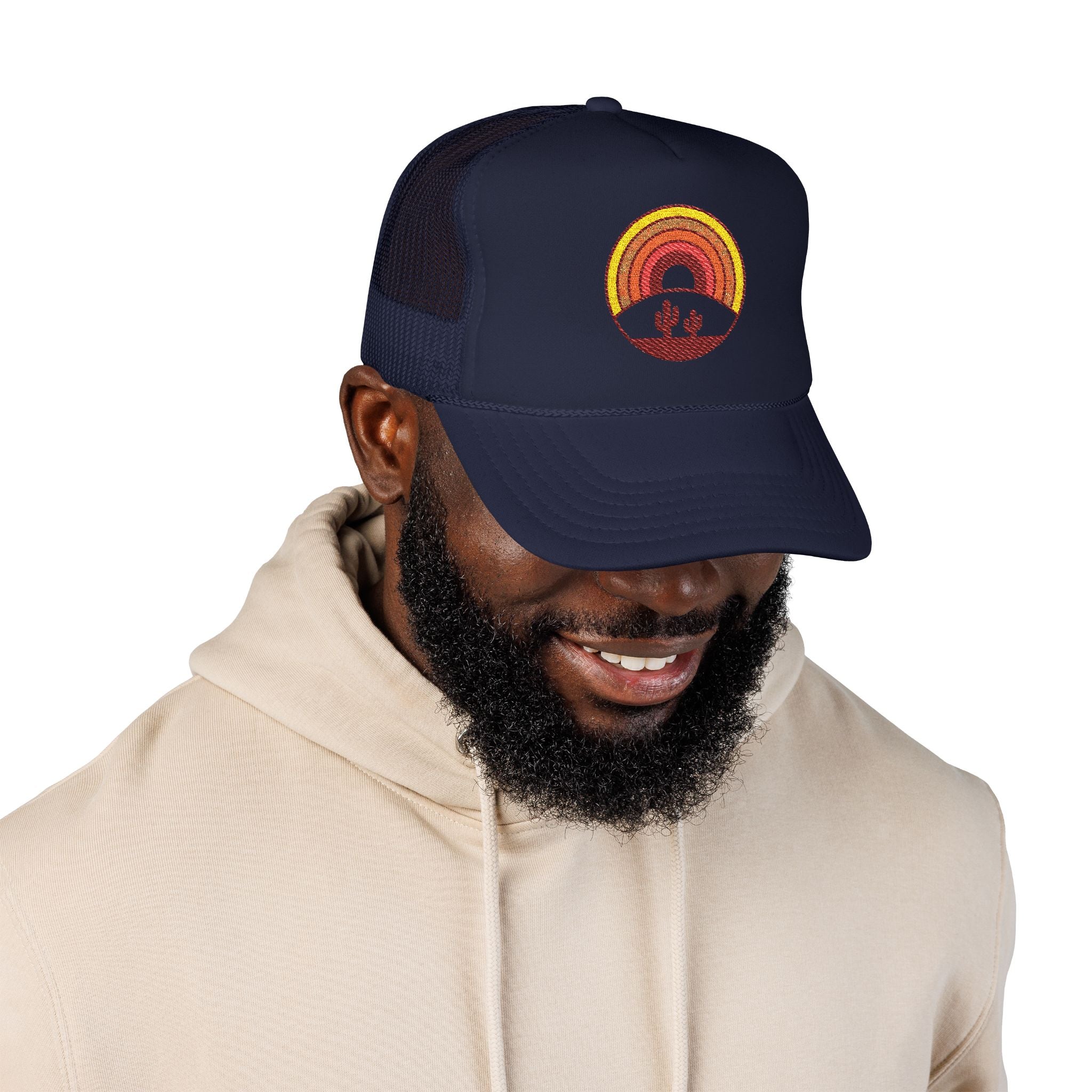 Sunset Cactus Trucker Hat — Retro Desert Embroidered Foam Cap
