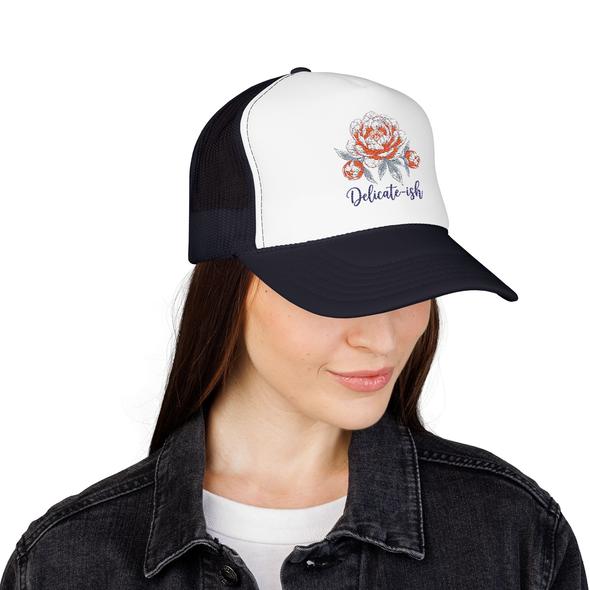 Trucker Hat — Floral 'Delicate-ish' Embroidered Peony Cap