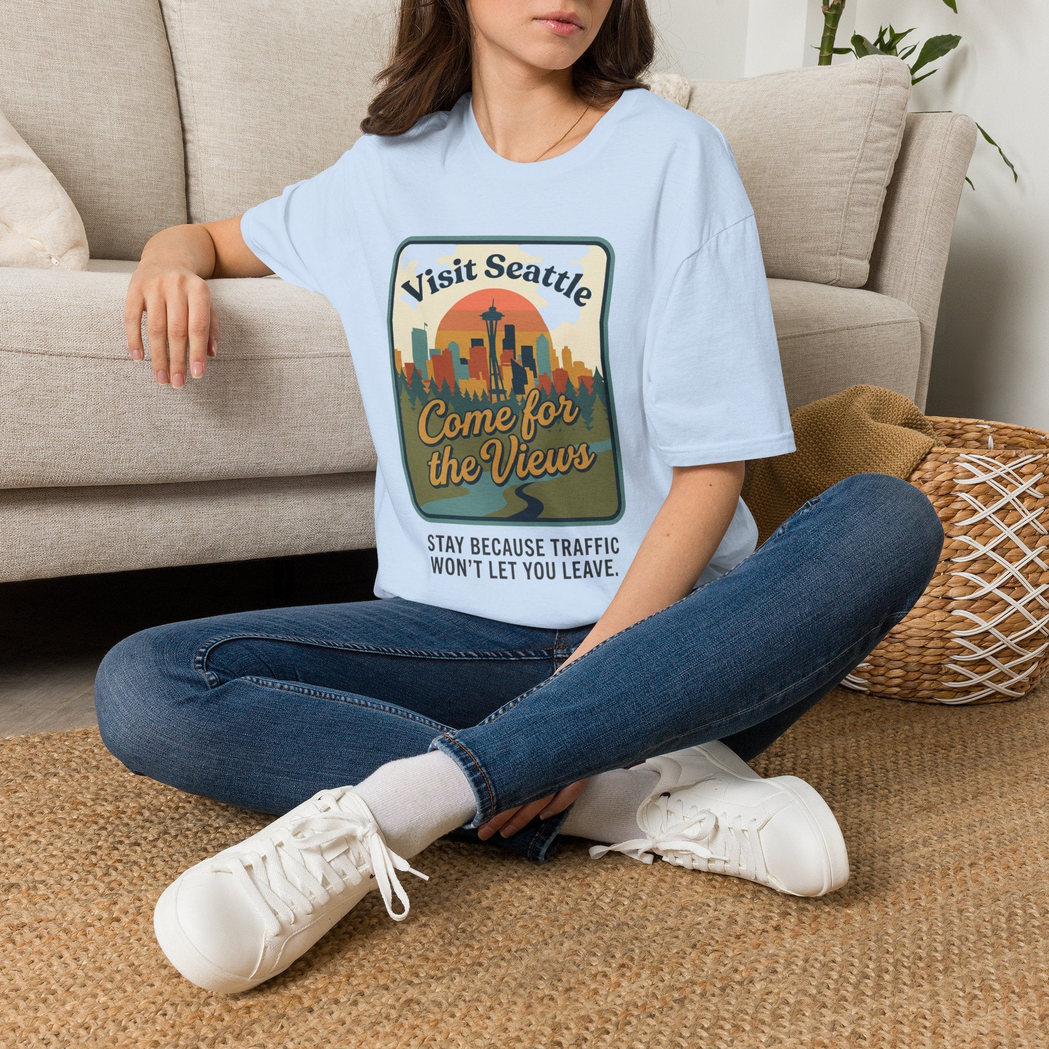 Visit Seattle T-Shirt - "Come for the Views" Retro Skyline Tee