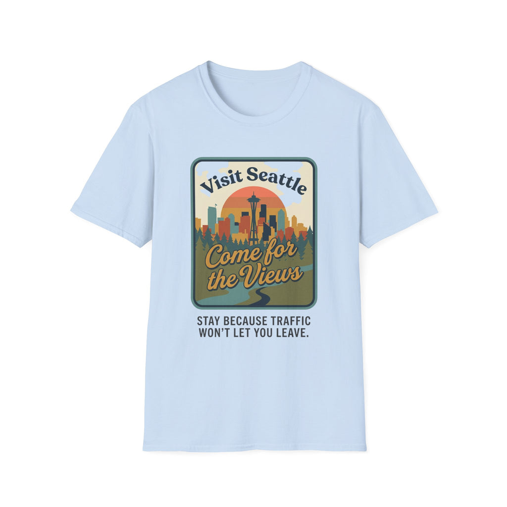 Visit Seattle T-Shirt - "Come for the Views" Retro Skyline Tee