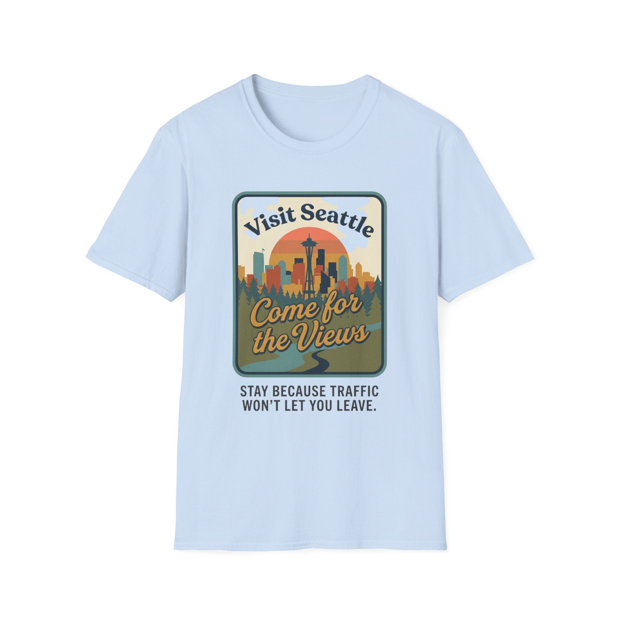 Visit Seattle T-Shirt - "Come for the Views" Retro Skyline Tee