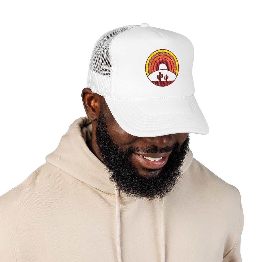 Sunset Cactus Trucker Hat — Retro Desert Embroidered Foam Cap