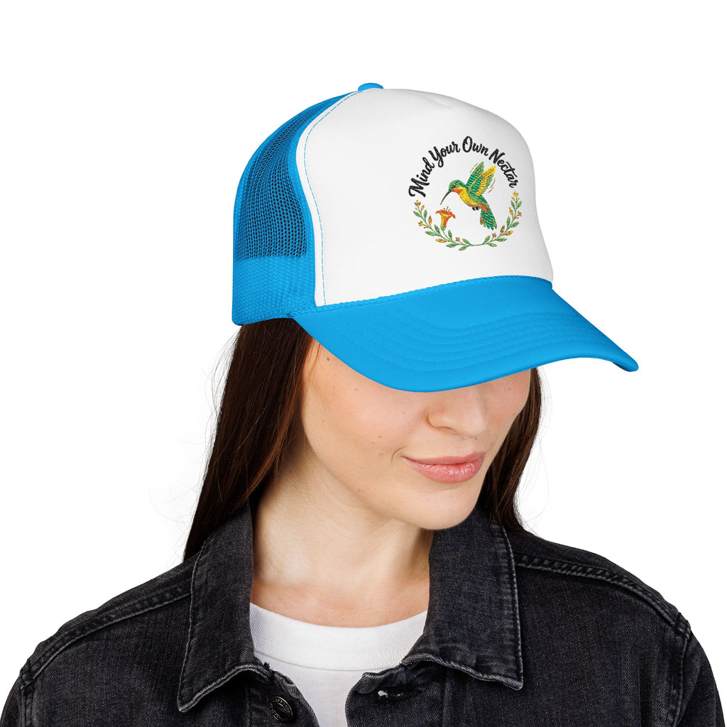 Mind Your Own Nector Trucker Hat — Hummingbird Floral Mesh Cap