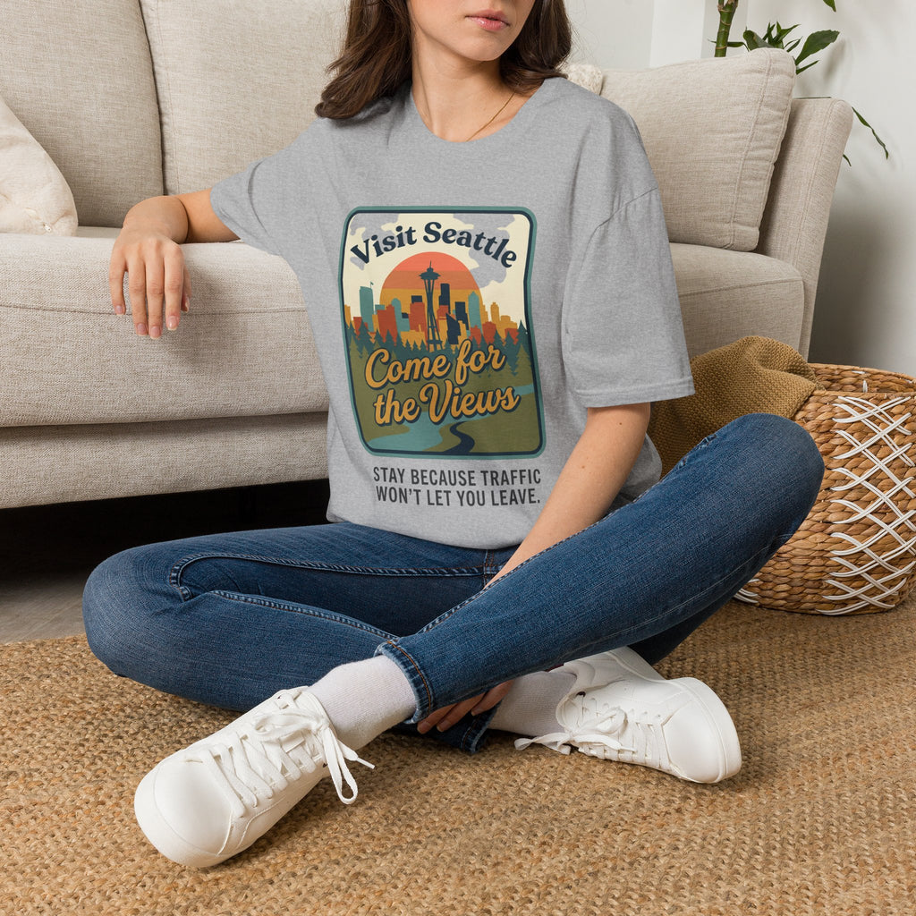 Visit Seattle T-Shirt - "Come for the Views" Retro Skyline Tee