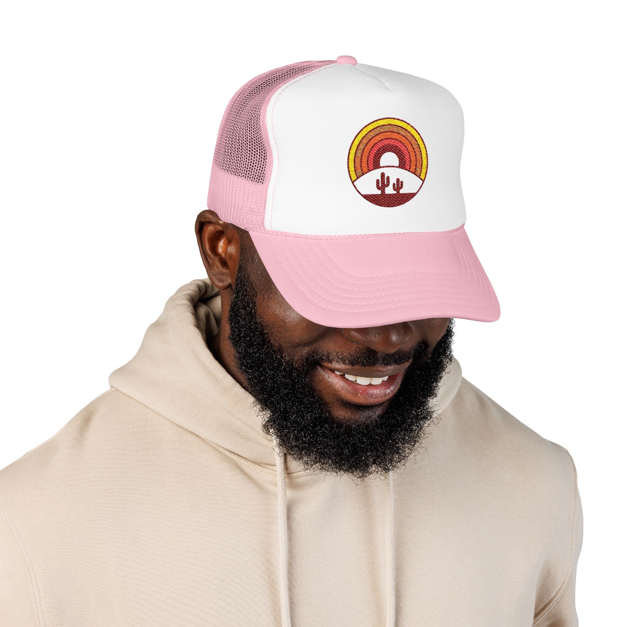 Sunset Cactus Trucker Hat — Retro Desert Embroidered Foam Cap