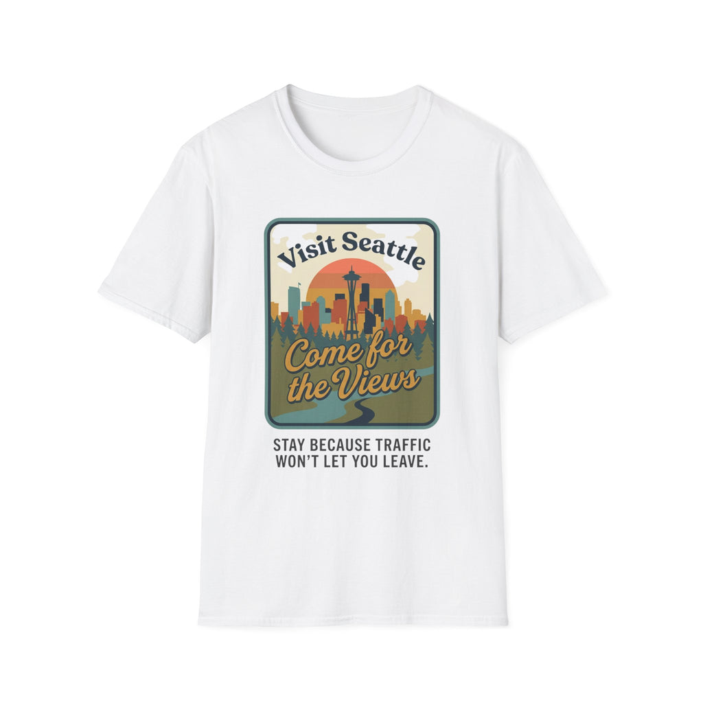 Visit Seattle T-Shirt - "Come for the Views" Retro Skyline Tee