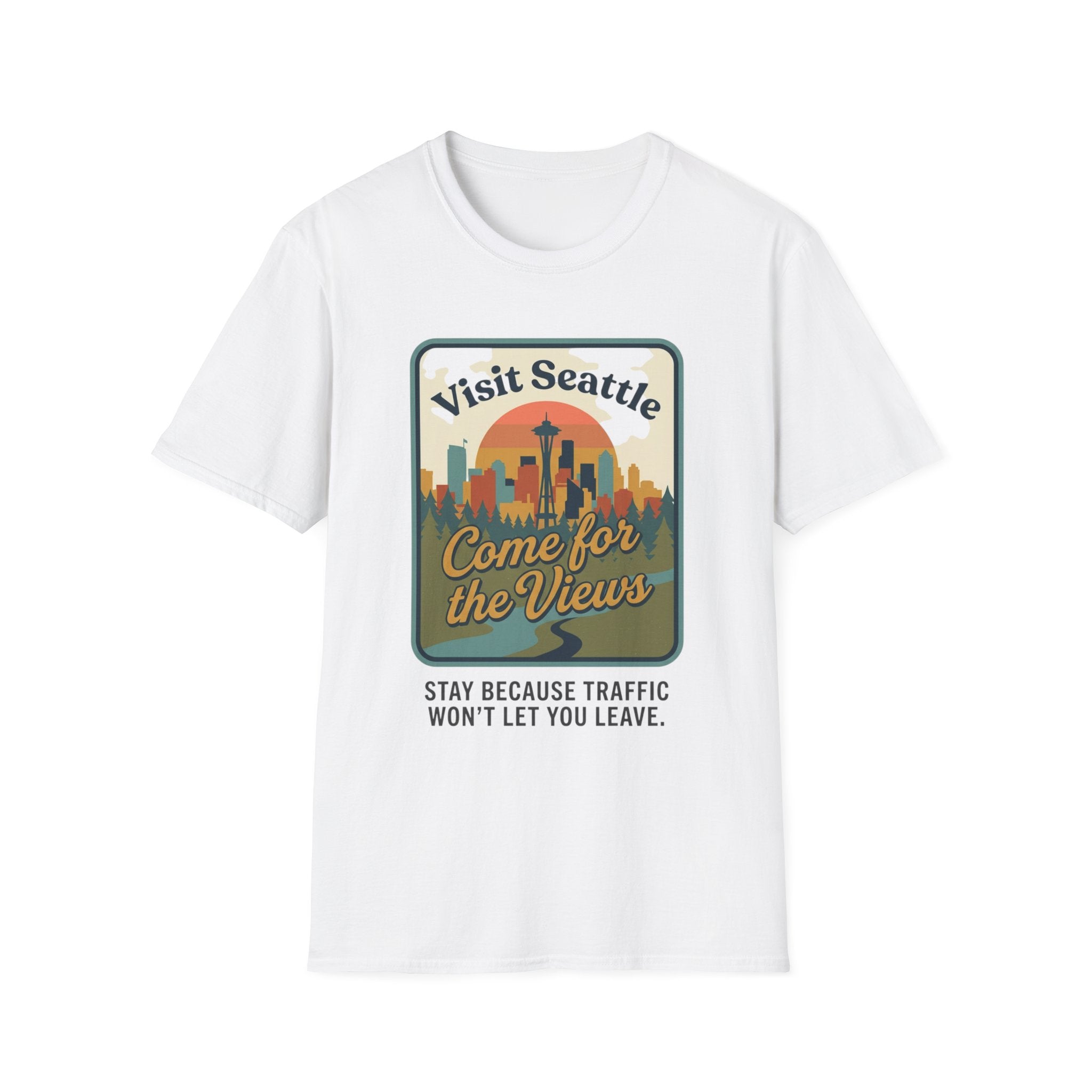 Visit Seattle T-Shirt - "Come for the Views" Retro Skyline Tee