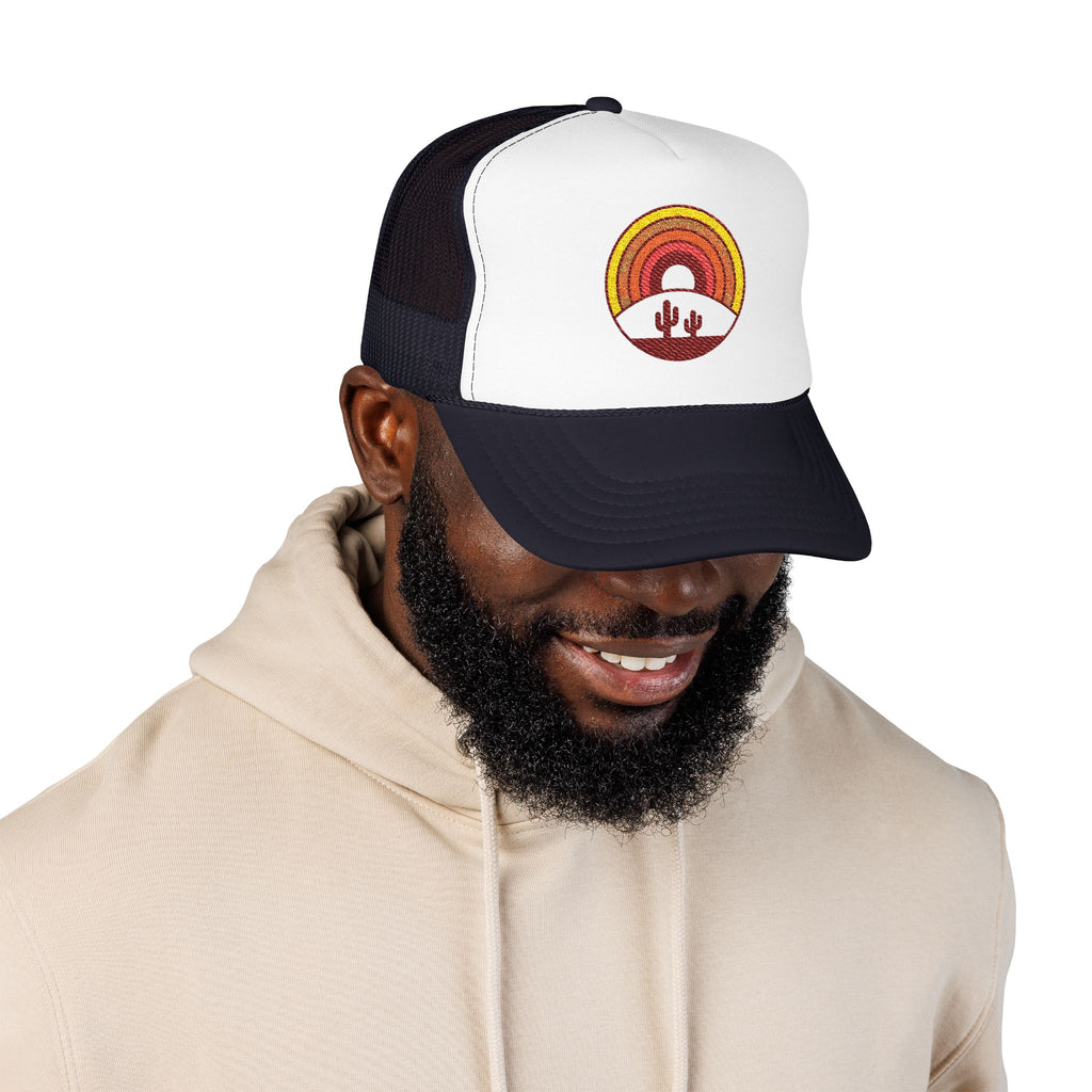 Sunset Cactus Trucker Hat — Retro Desert Embroidered Foam Cap