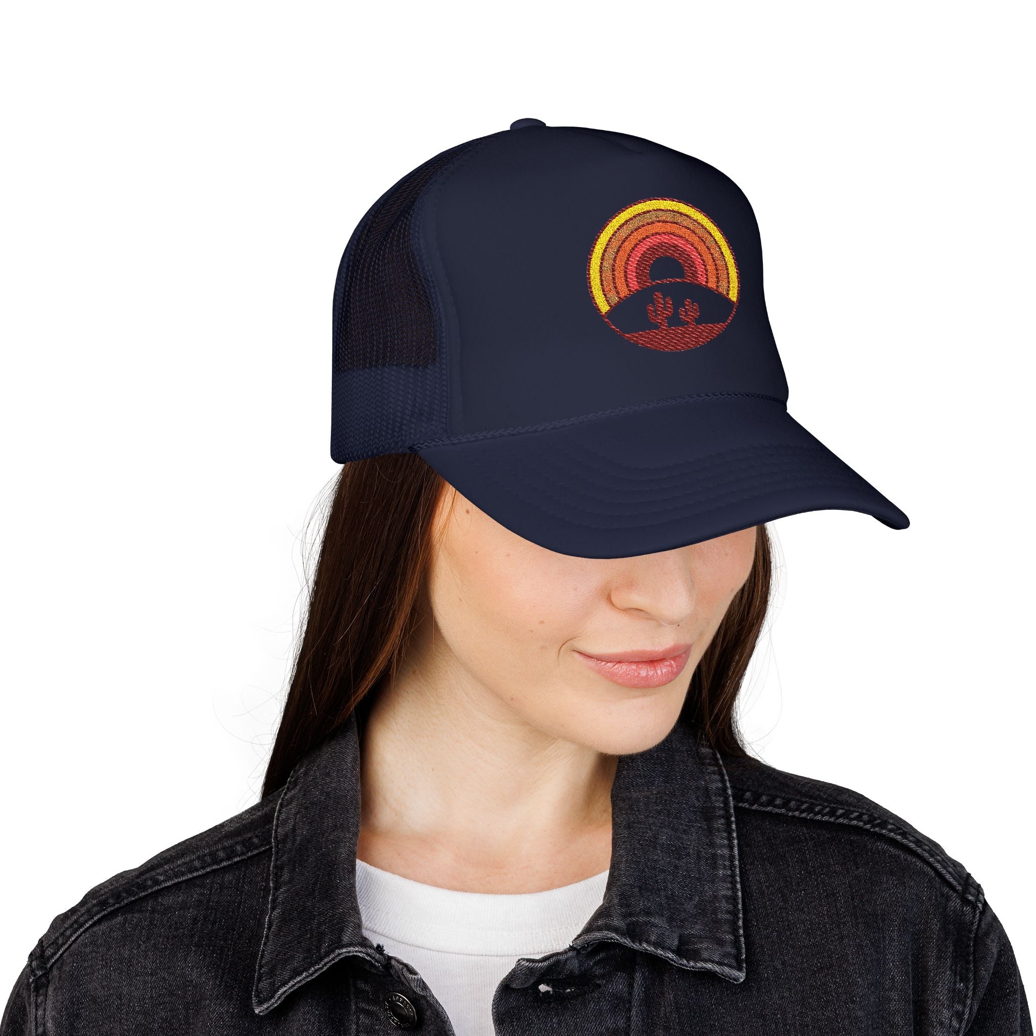 Sunset Cactus Trucker Hat — Retro Desert Embroidered Foam Cap