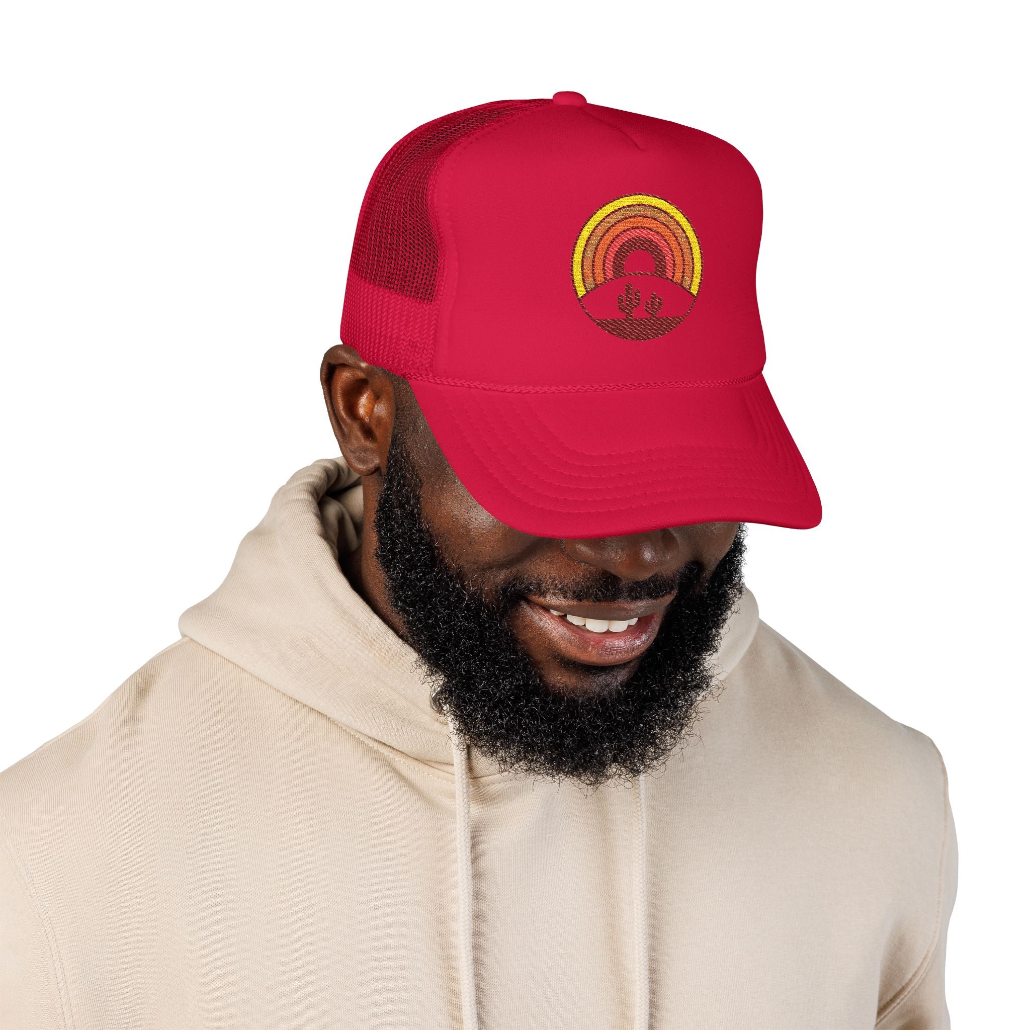 Sunset Cactus Trucker Hat — Retro Desert Embroidered Foam Cap