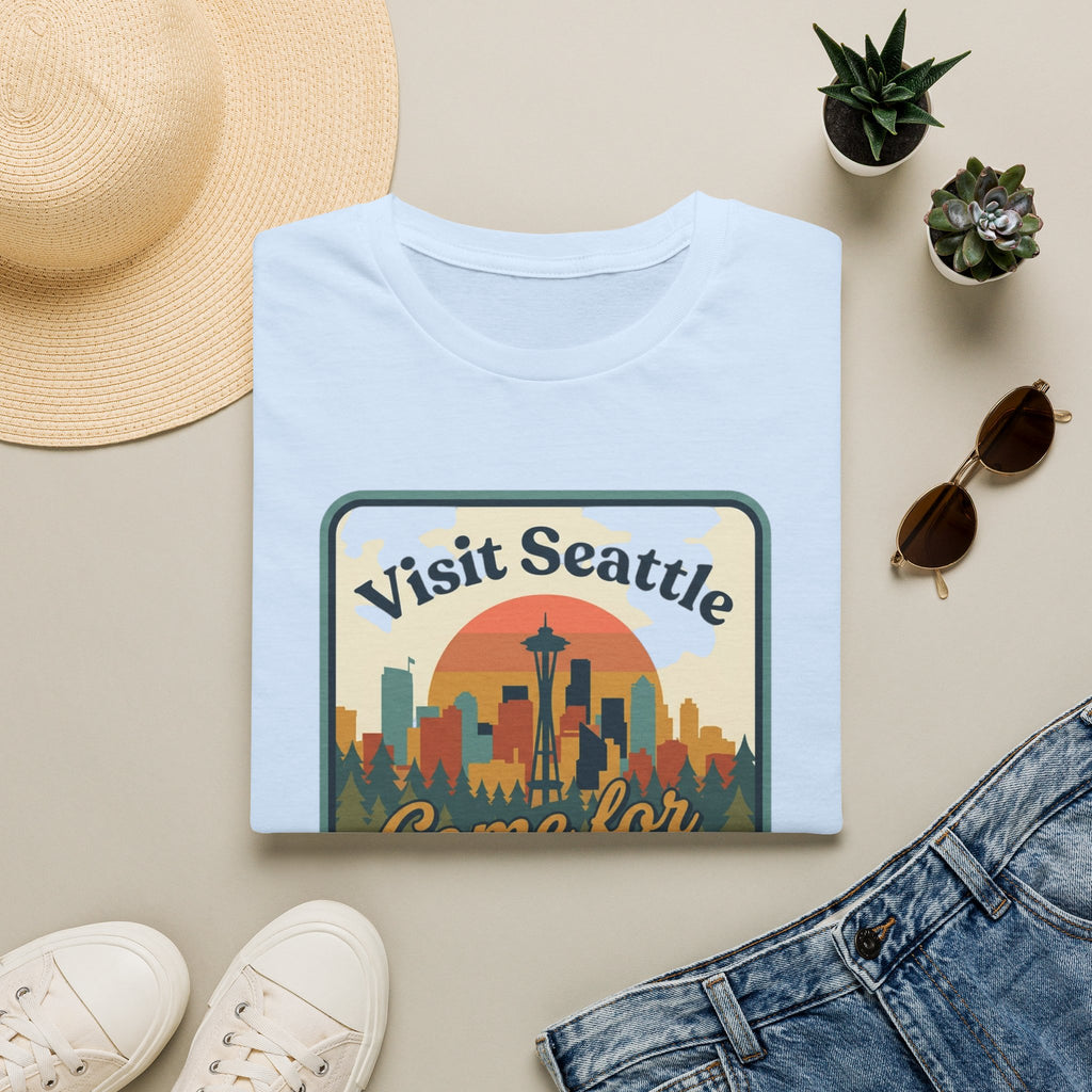 Visit Seattle T-Shirt - "Come for the Views" Retro Skyline Tee