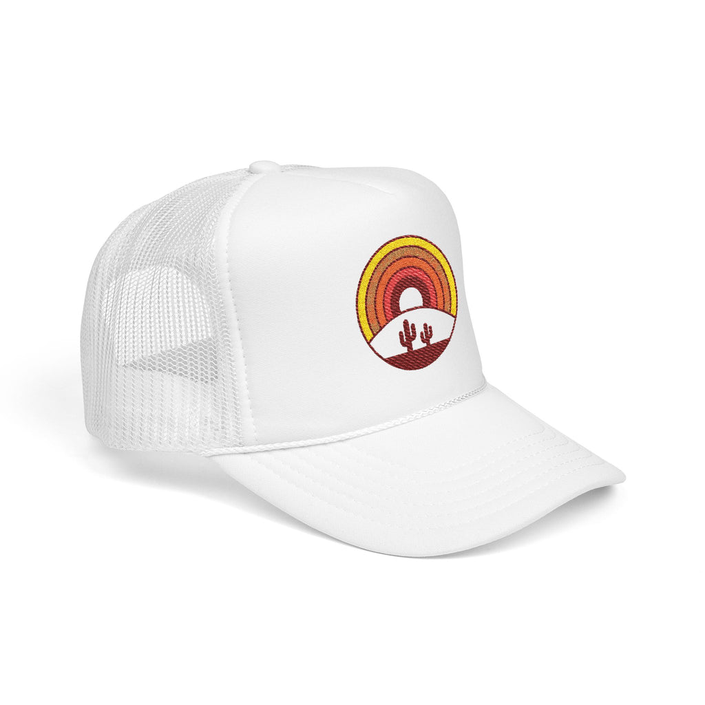 Sunset Cactus Trucker Hat — Retro Desert Embroidered Foam Cap