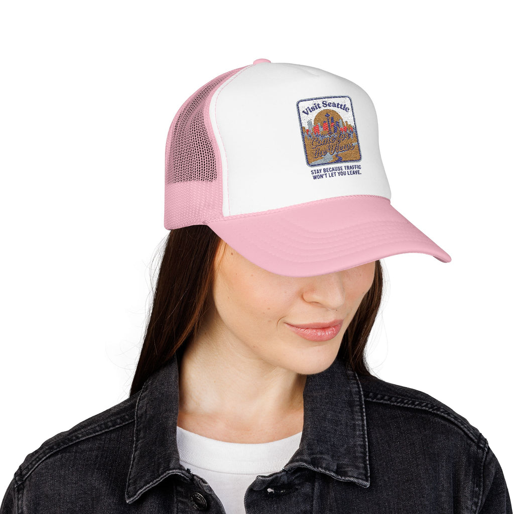 Vintage Desert Sunrise Trucker Hat — "Stay Somewhere" Embroidered Foam Cap