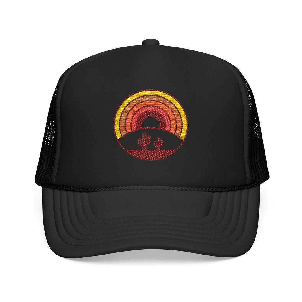 Sunset Cactus Trucker Hat — Retro Desert Embroidered Foam Cap