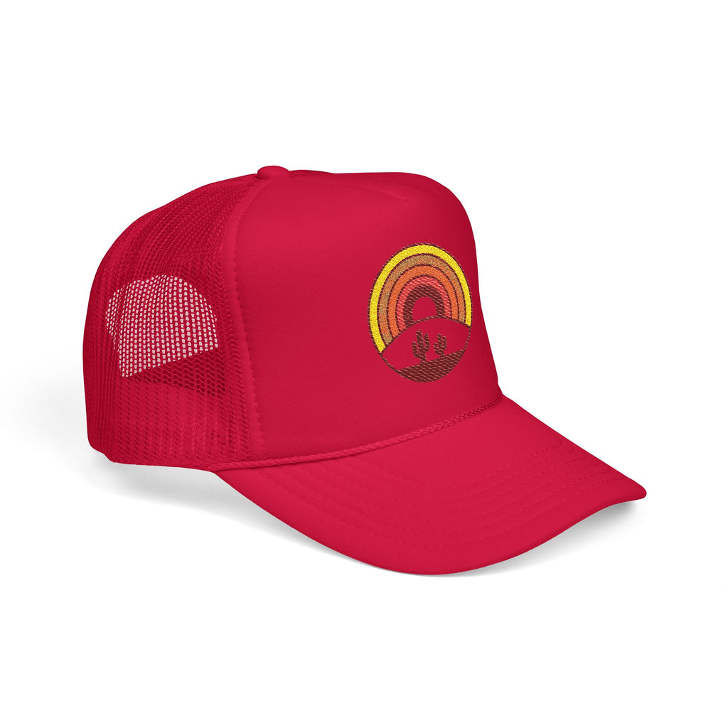 Sunset Cactus Trucker Hat — Retro Desert Embroidered Foam Cap