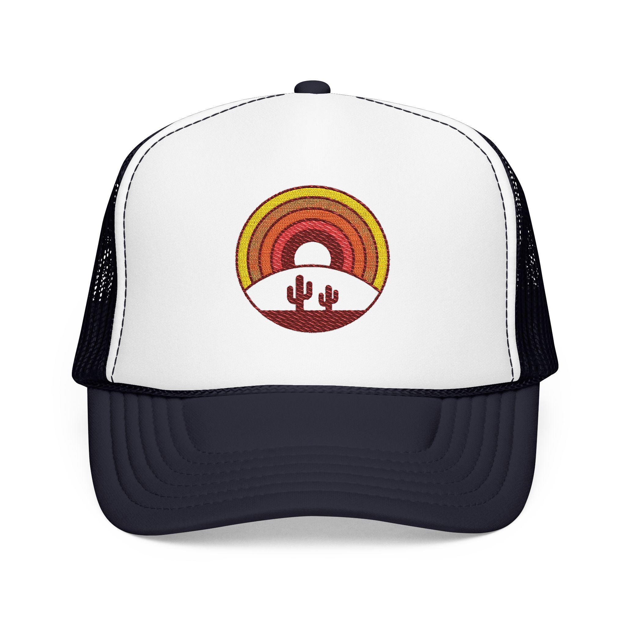 Sunset Cactus Trucker Hat — Retro Desert Embroidered Foam Cap